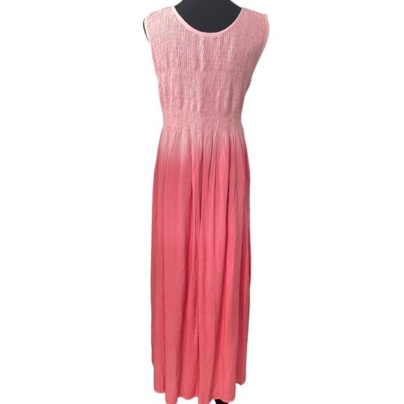 Pink Smocked Sun Dress Soutache Applique Maxi Beach Cover Up Resort Dip Dye - Picture 5 of 10